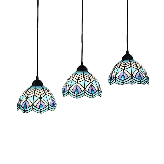 Blue Hand-Cut Glass Pendant Light With Mediterranean Charm - 3 Head Hemisphere Cluster Round/Linear