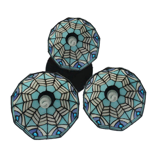 Blue Hand-Cut Glass Pendant Light With Mediterranean Charm - 3 Head Hemisphere Cluster Round/Linear