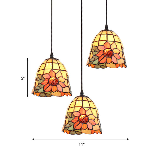 Tiffany Bell Orange Handcrafted Art Glass Pendant Light With 3 Clustered Heads - Unique Suspension