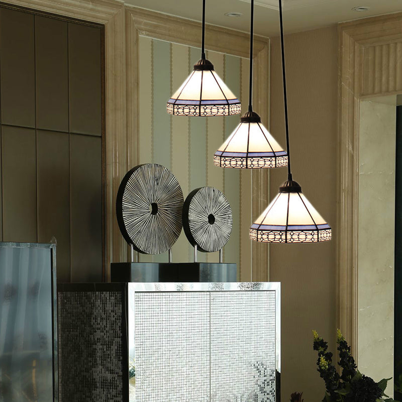 Tiffany-Style Stained Glass Swag Lamp: Blue & White Cluster Pendant Light (3 Heads) With Canopy
