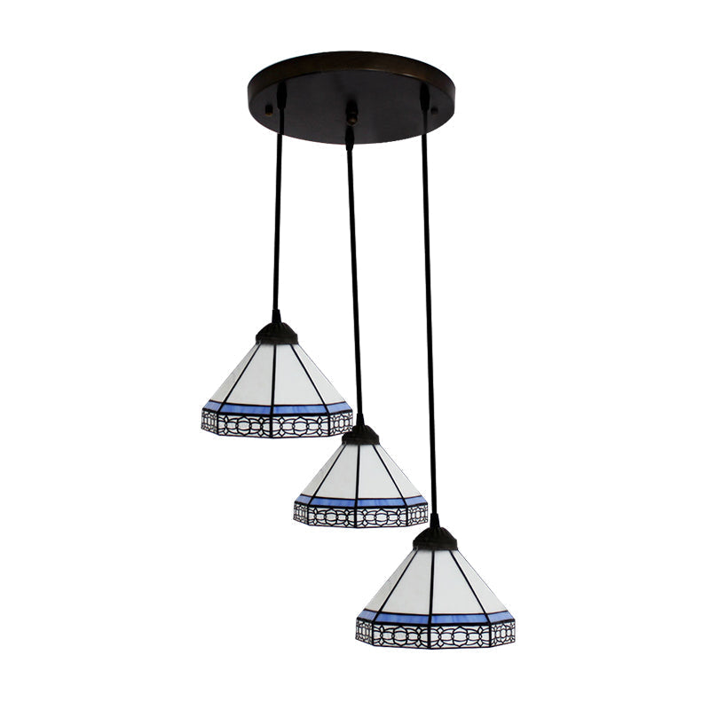 Tiffany-Style Stained Glass Swag Lamp: Blue & White Cluster Pendant Light (3 Heads) With Canopy