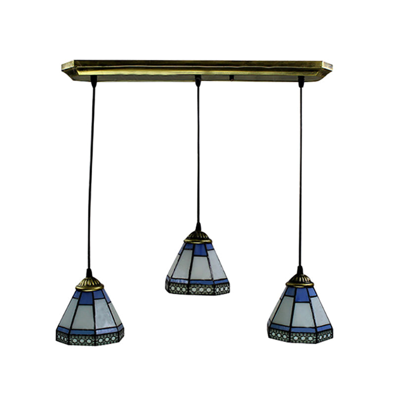 Tiffany-Style Stained Glass Swag Lamp: Blue & White Cluster Pendant Light (3 Heads) With Canopy