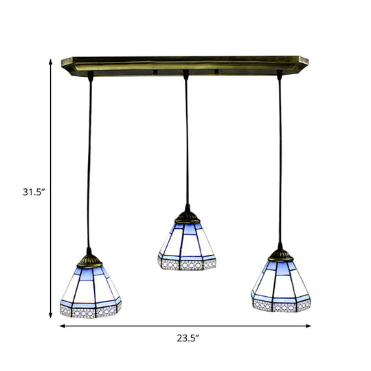 Tiffany-Style Stained Glass Swag Lamp: Blue & White Cluster Pendant Light (3 Heads) With Canopy