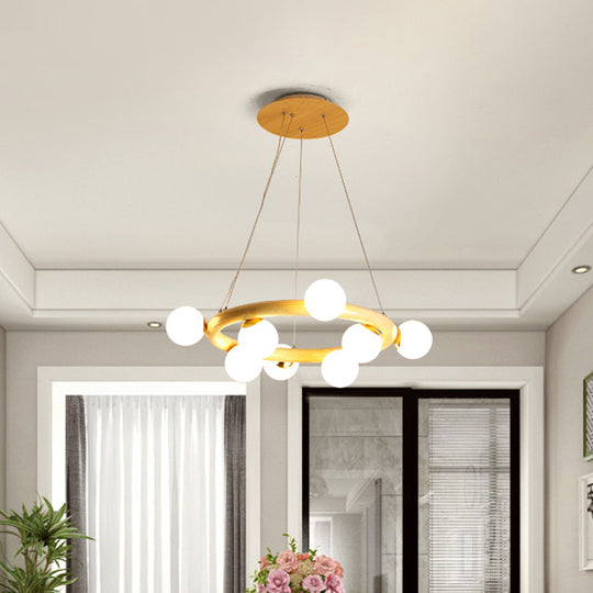 Modern Beige Ceiling Lamp With Frosted Glass Chandelier And Wood Circular Design – 8/10 Bulbs