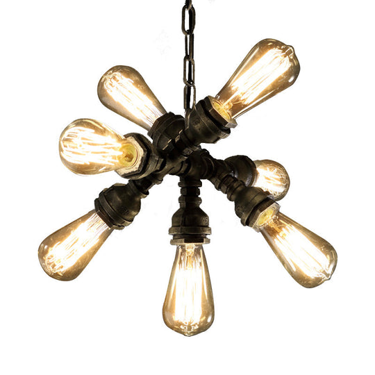 Antique Bronze Chandelier With 7 Bulbs – Vintage Metal Pipe Pendant Light Fixture