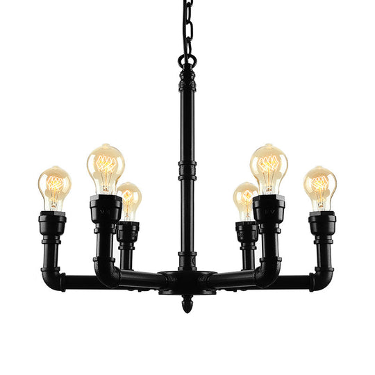 Vintage Metal Pendant Chandelier Lamp: 3/6 Heads Bare Bulb Design With Water Pipe Accent - Black