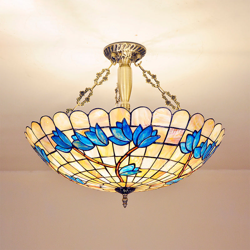 Vintage Stained Glass Ceiling Light Fixture - 4 - Light Semi Flush Mount For Dining Room Tulip