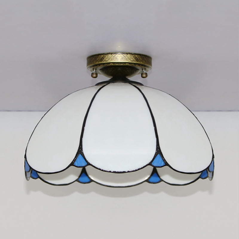 Scalloped Vintage Stained Glass Flush Mount Light - 1 In White/Beige/Blue Perfect For Living Room