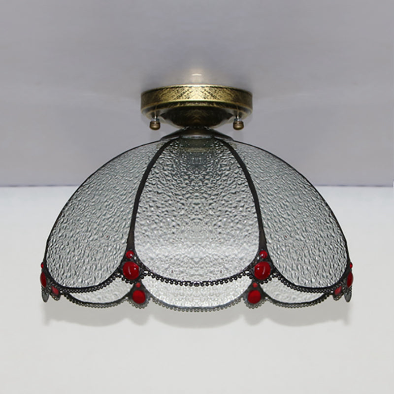 Scalloped Vintage Stained Glass Flush Mount Light - 1 In White/Beige/Blue Perfect For Living Room
