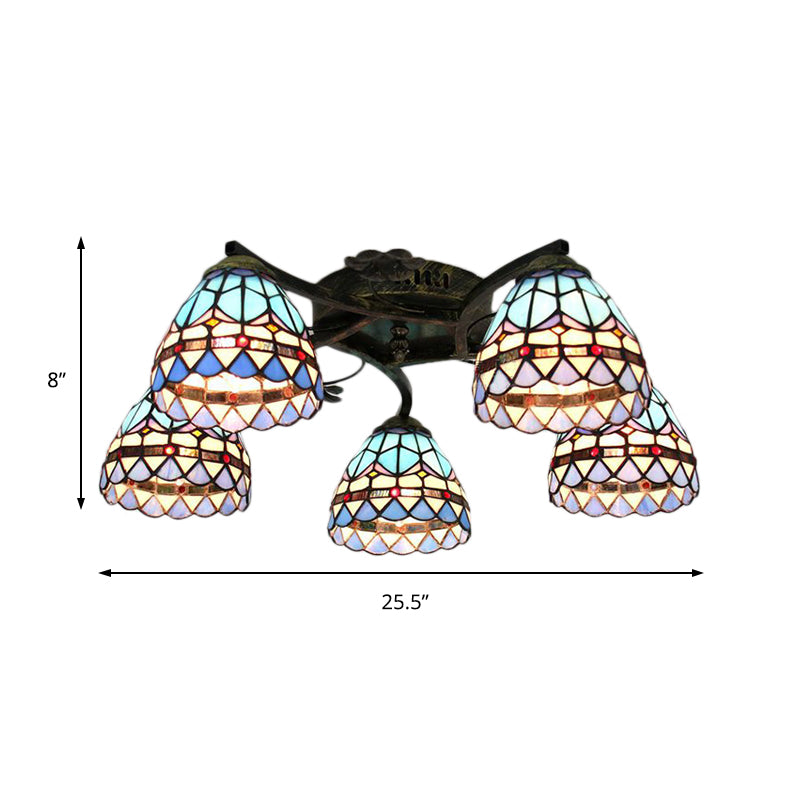 Baroque Semi Flush Stained Glass Bowl Ceiling Light - Blue | 5 - Light Dining Room Lighting