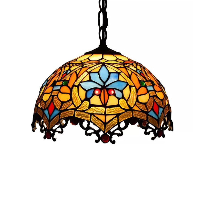 Victorian Stained Glass Domed Pendant Lamp With Black Chain For Staircase