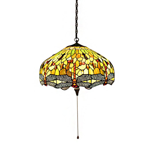 Tiffany-Style Domed Pendant Light With Dragonfly Pattern - Yellow Stained Glass 2 Bulbs