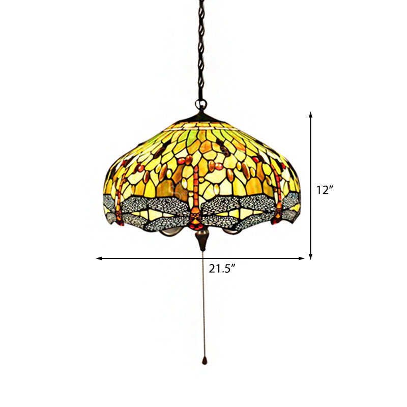 Tiffany-Style Domed Pendant Light With Dragonfly Pattern - Yellow Stained Glass 2 Bulbs
