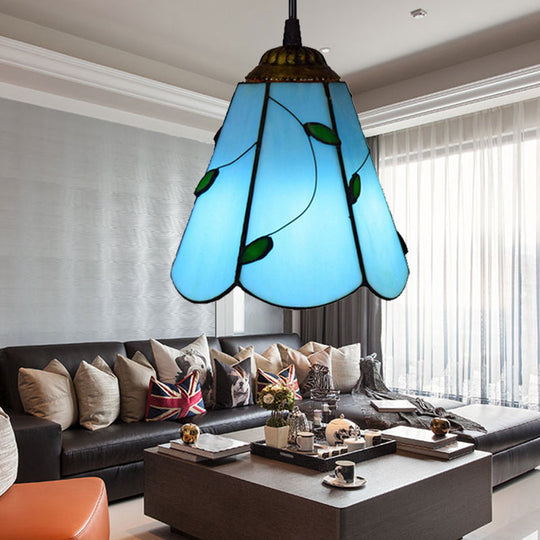Blue/Beige Stained Glass Conical Tiffany Hanging Lamp - Mini Pendant For Living Room