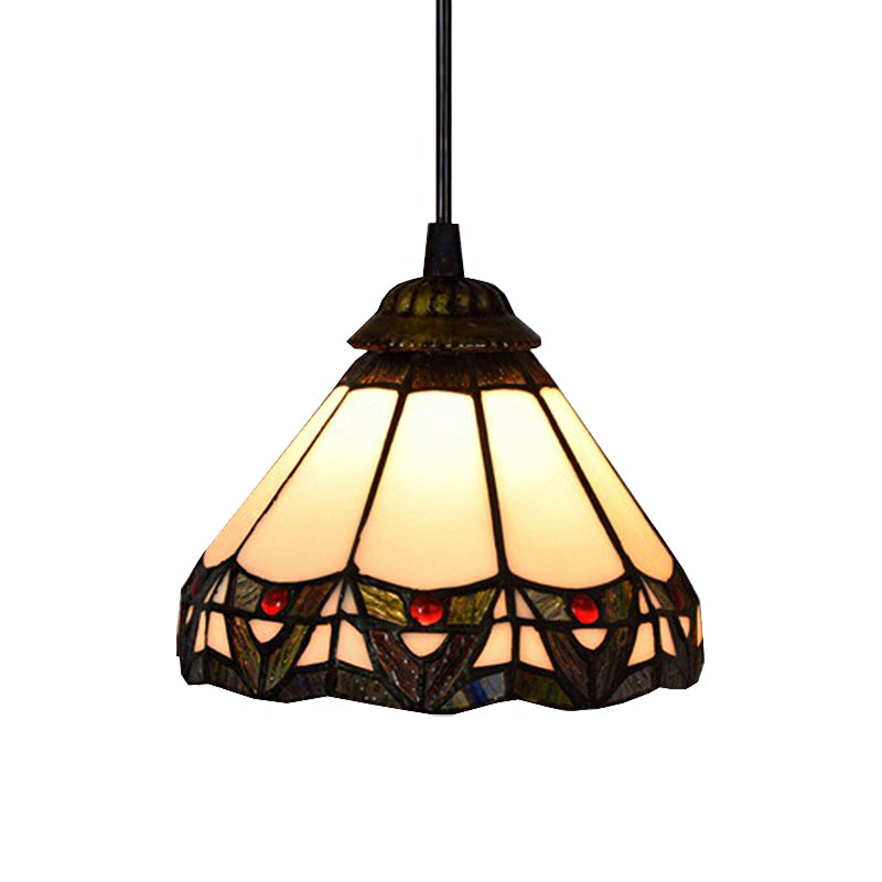 Tiffany Beige Stained Glass Ceiling Pendant Light - Wide Flare Down Lighting For Stairway