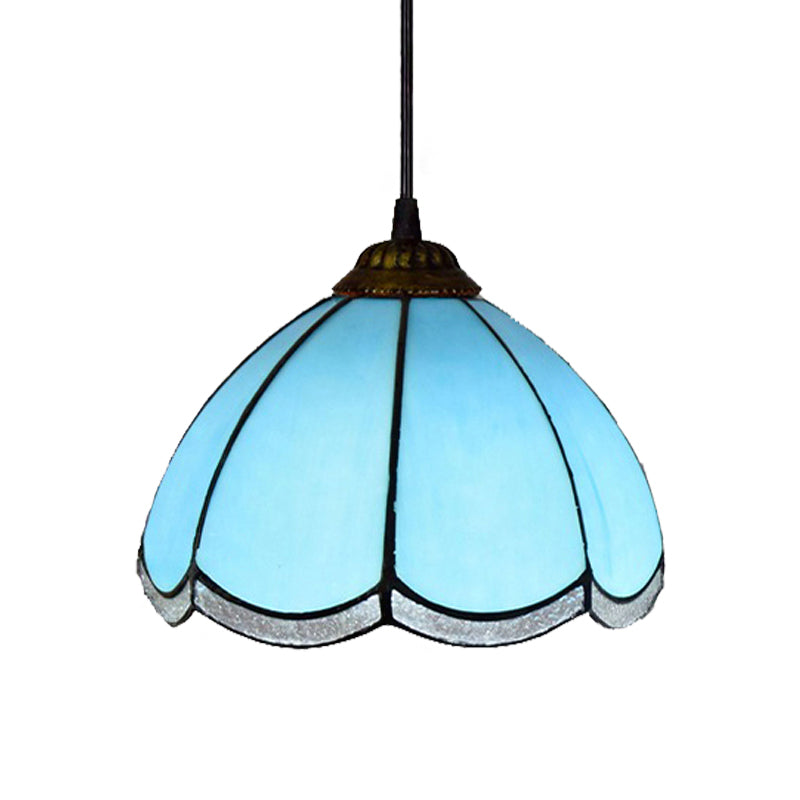Tiffany Scalloped Down Mini Pendant Ceiling Lamp - Light Blue Glass Suspension For Living Room