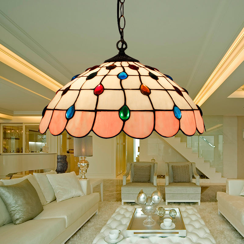 Hand Rolled Art Glass Ceiling Light - Tiffany Pink/Light Blue/Green Pendant For Bedroom