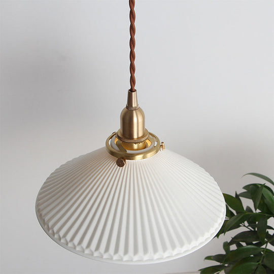 Ridged Cone Dining Room Pendant Light Ceramics 1 Simple Style Lamp In White Lighting