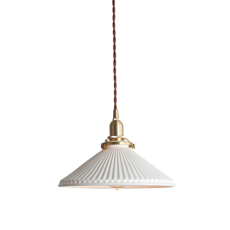 Ridged Cone Dining Room Pendant Light Ceramics 1 Simple Style Lamp In White Lighting