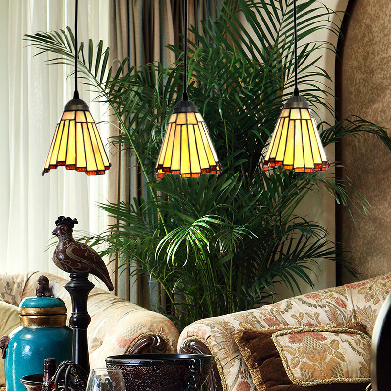 Tapered Cluster Pendant Light - Tiffany-Style Beige Handcrafted Stained Glass Set Of 3 Bulbs