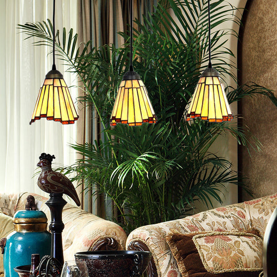 Tapered Cluster Pendant Light - Tiffany-Style Beige Handcrafted Stained Glass Set Of 3 Bulbs