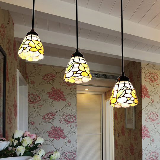 Baroque Cone Pendant Light Kit - Beige Stained Glass 3 Heads Living Room Hanging