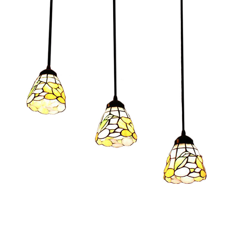 Baroque Cone Pendant Light Kit - Beige Stained Glass 3 Heads Living Room Hanging