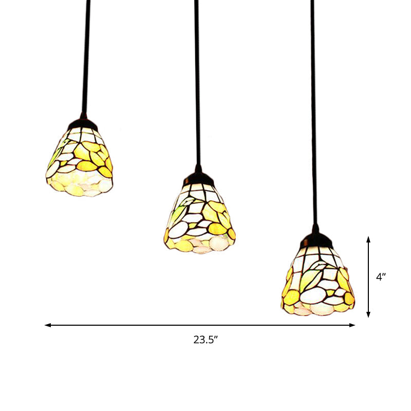 Baroque Cone Pendant Light Kit - Beige Stained Glass 3 Heads Living Room Hanging