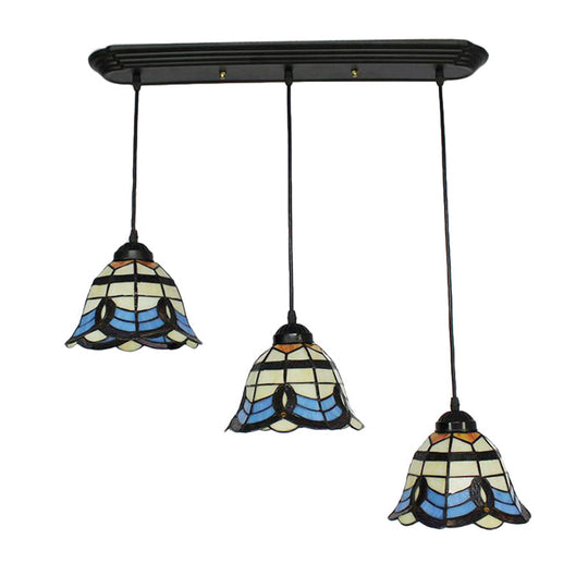 Tiffany Victorian Bell Shade Stained Glass Pendant Light - Blue 3 Heads Hotel Style
