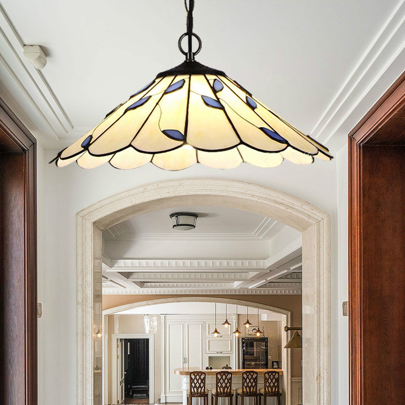 Tiffany-Style Flared Pendant Ceiling Light - Beige Stained Glass With Leaf Pattern