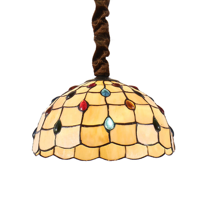 Tiffany Stained Glass Hanging Lamp - 12’ Or 16’ Wide Bowl 1 Bulb Beige Color Colorful Bead Accents
