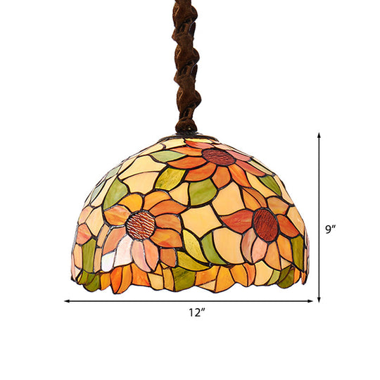 Victorian Orange Stained Glass Sunflower Pendant Lamp 1 Head Down Lighting 12’/16’ Wide