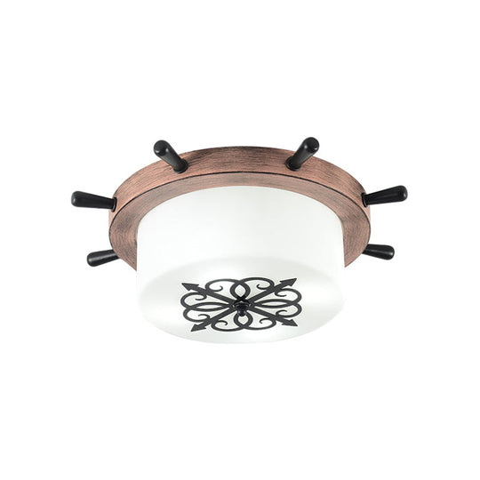Kids’ Led Ceiling Light With White Glass Drum And Rudder Blue/Brown Canopy
