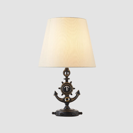 Kids Anchor Base Desk Lamp With White Fabric Shade - Black/Blue 1 Head Resin Task Lighting