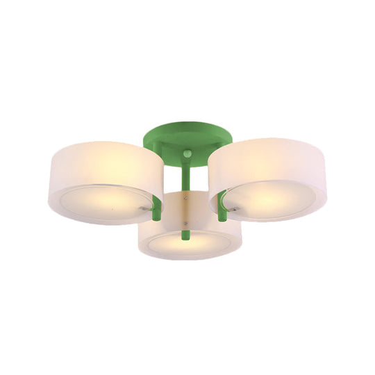 Sleek Macaron Semi Flush Mount Ceiling Light With Frosted Glass Drum Shade - 3 Lights For Kids’