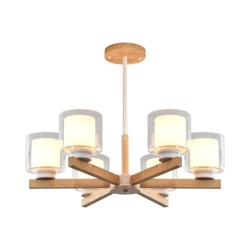 Wooden Double Glass Chandelier With Cylinder Shade - 3/6 Lights For Living Room Ceiling