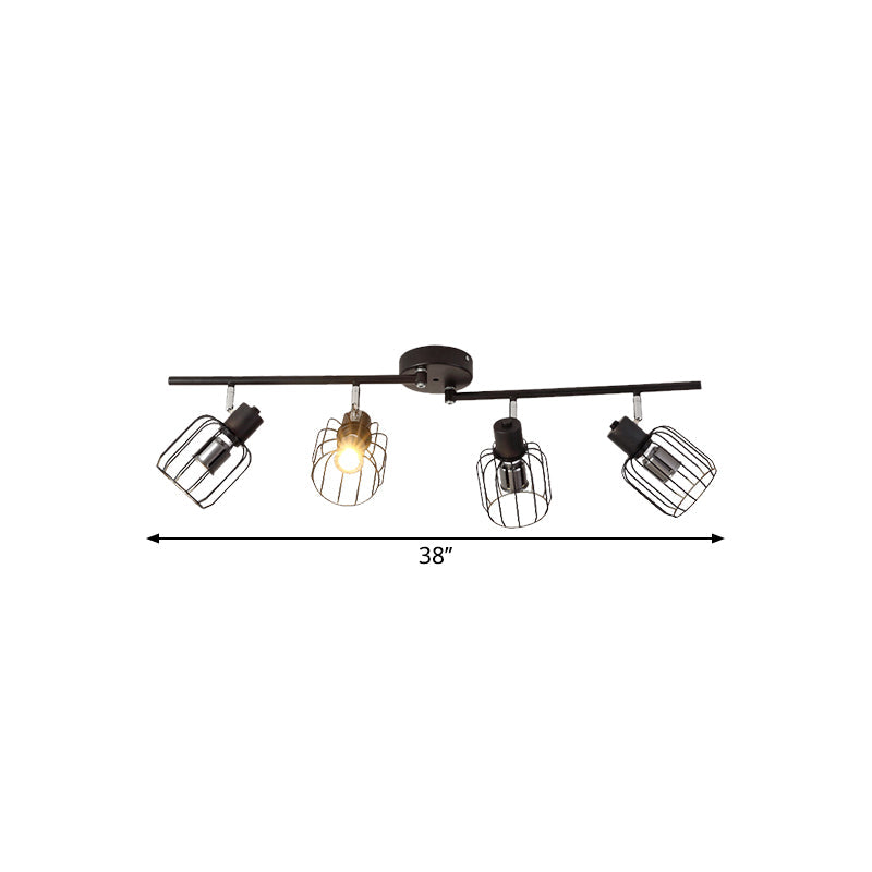 Industrial Ceiling Light With Mini Drum Cage Shade For Coffee Shop - 4 Lights Semi - Flush Iron