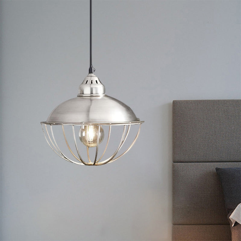 Vintage Style Cage Pendant Light With Silver Metal Bowl For Dining Room Ceiling