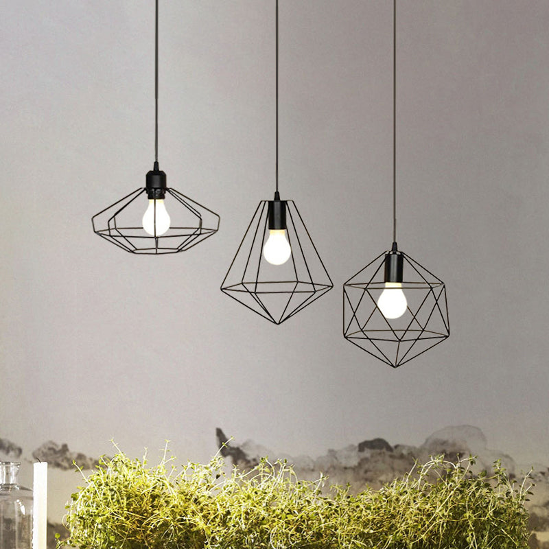 Farmhouse Iron Wire Cage Ceiling Pendant Light Fixture With 3 Lights And Black Shades