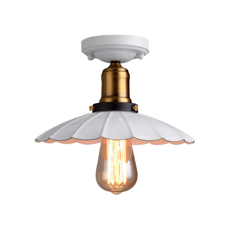 Retro Scalloped Edge Ceiling Light Fixture - Stylish 1-Bulb Semi Flush In Metallic Black/White For