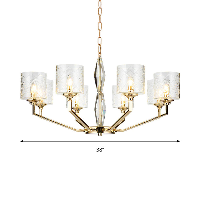 Elegant Gold Grid Cylinder Shade Chandelier For Study Room