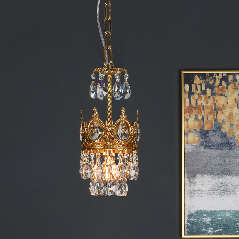 Traditional Crown-Shape Crystal Flush Hanging Lamp Kit With Hand Cut Brass Frame