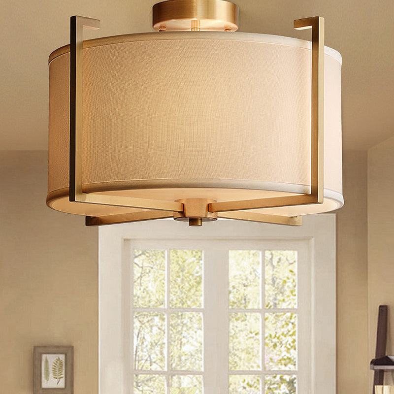 Classic 4-Light Semi Flush Mount Ceiling Fixture With White Fabric Shade For Living Room
