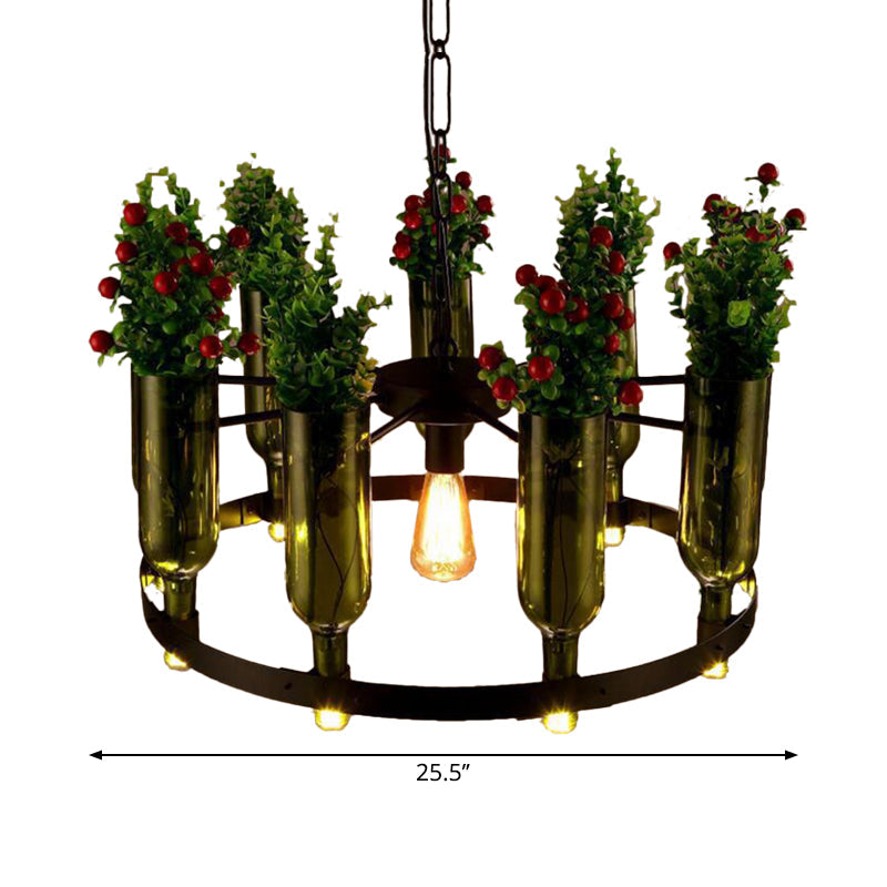 Iron Circular Chandelier Pendant Lamp In Black With Glass Pot And Plant - Restaurant Suspension