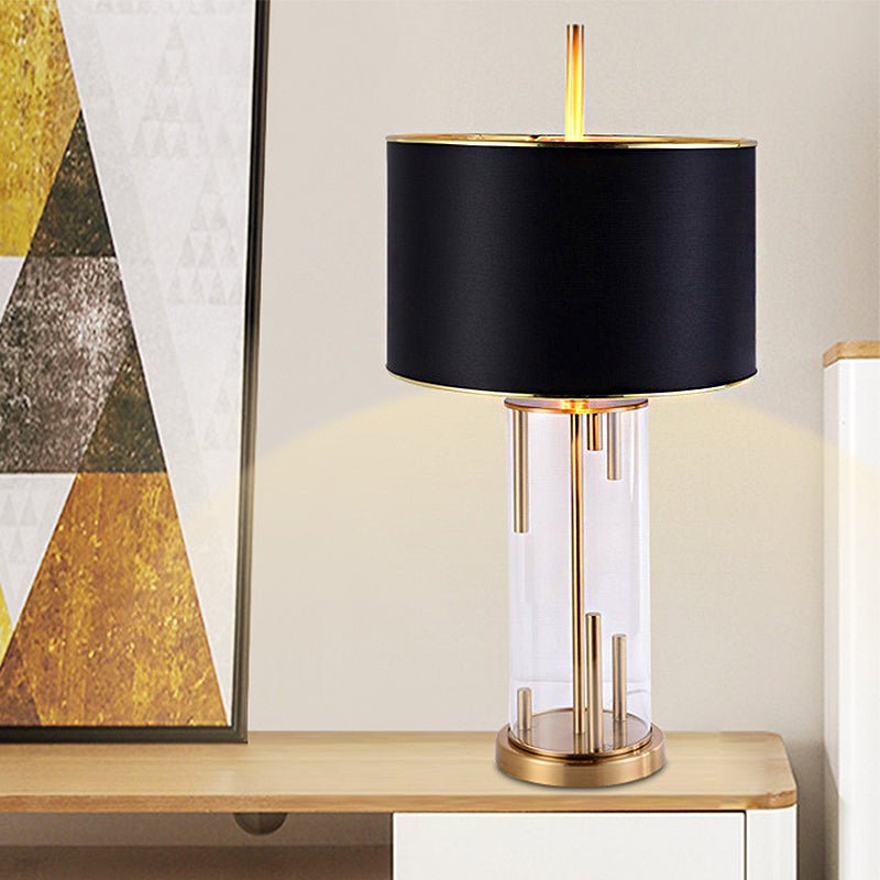 Traditional Drum Night Light: Black Fabric Table Lamp With Glass Base
