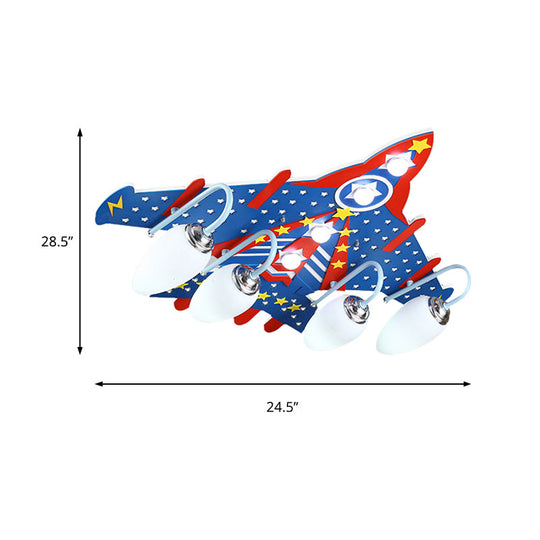 Cartoon Blue Plane Flush Mount Ceiling Light With 4 Lights For Kids’ Bedroom