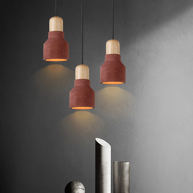 Cement Bottle Small Hanging Lamp Macaron Single Red/Grey/Green Ceiling Pendant Light With Wood Top