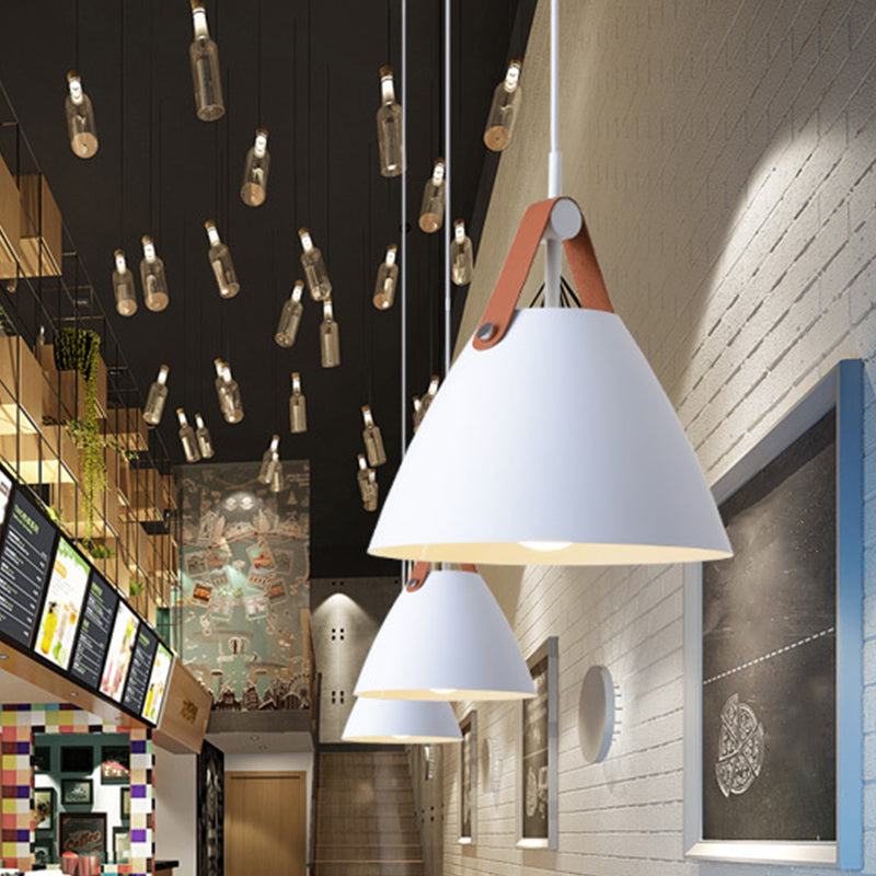 Nordic Metal Truncated Cone Pendant With Leather Strap - 1-Light Suspension Lighting (10.5/14 W)