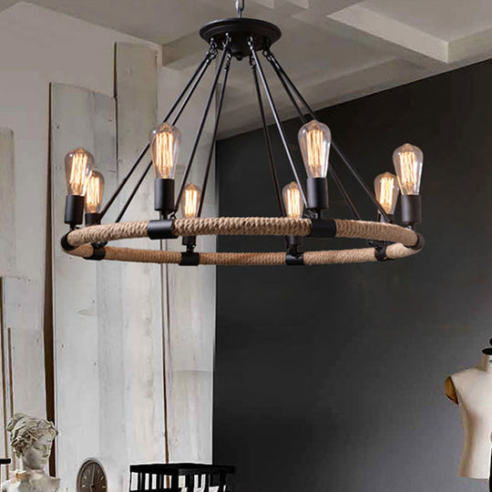 Rope-Wrapped Circle Pendant Light With Multiple Bulbs In Black And Brown
