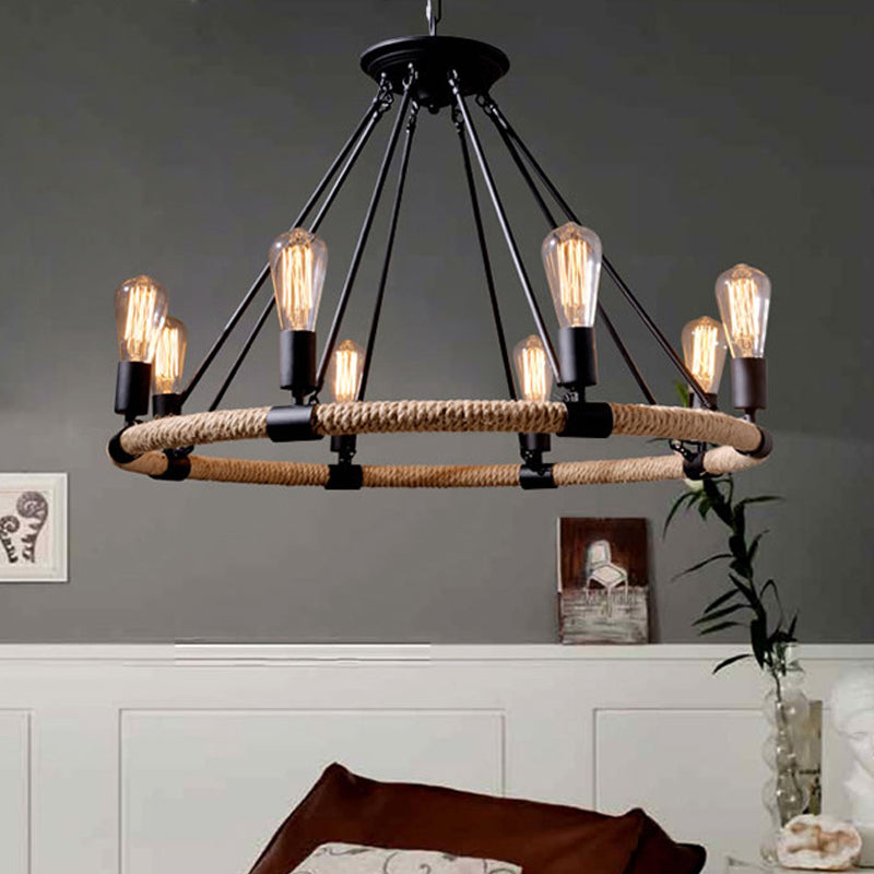 Rope-Wrapped Circle Pendant Light With Multiple Bulbs In Black And Brown
